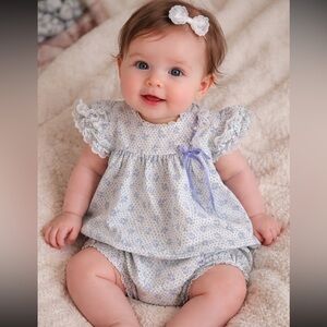 Vintage 80s JCPenney Baby Floral Dress & Bloomer Set in Soft Blue and White